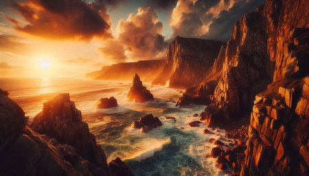 Fantasy seascape. Rocks and ocean at sunset. 3d illustration