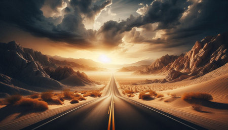 Highway in the desert. 3D Rendering. Sunset.