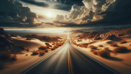 Highway through the desert at sunset. 3D Rendering.