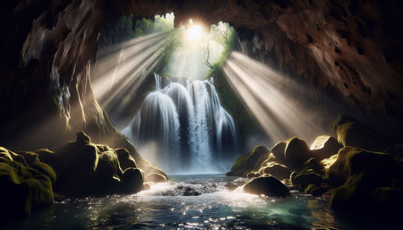 Beautiful waterfall in a cave with light rays. 3D rendering