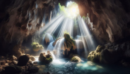 Fantasy waterfall in cave with sunlight. 3d render illustration.