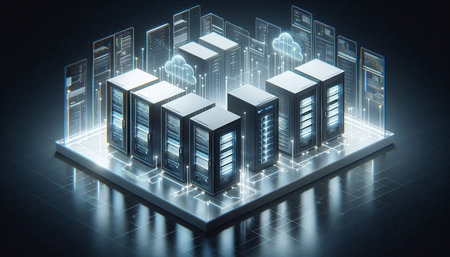 Data center concept. 3d rendering, toned image double exposure