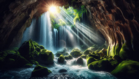 Fantasy waterfall in a cave. 3d rendering. Computer digital drawing.