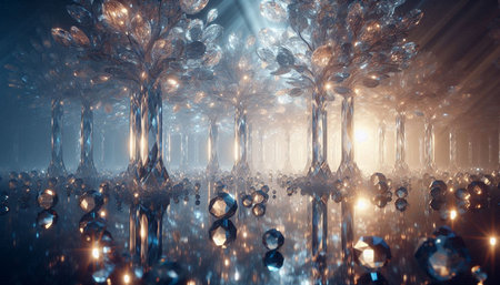 Fantasy winter forest. 3d rendering toned image double exposure