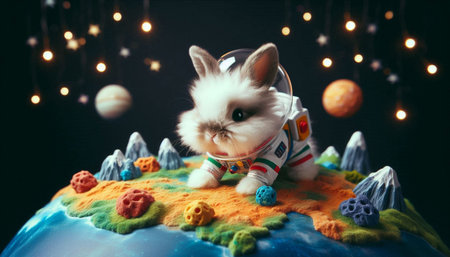 Cute little white rabbit on the top of the planet with astronaut costume