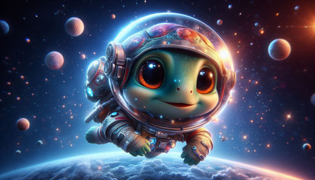 Spaceman in space with planets in background. 3D rendering