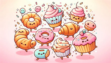 Cute cartoon cupcakes and croissants. Vector illustration.