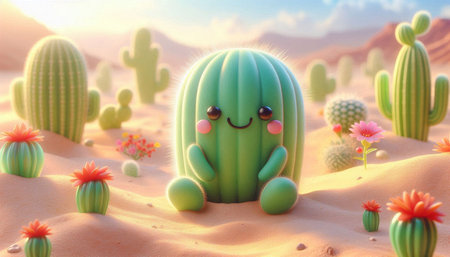 Cactus in the desert. 3D rendering. Computer digital drawing.
