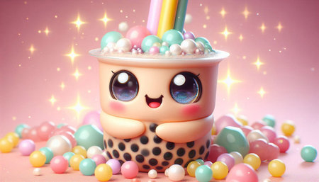 Funny cup of milkshake with colorful candies on pink background