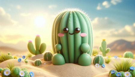 Cactus in the desert. 3d rendering. Computer digital drawing.
