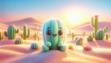Cactus in the desert with sunset. 3d rendering. Computer digital drawing.