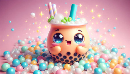 Cute cup with colorful candies and sprinkles on pink background
