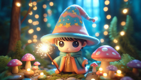 Halloween witch with magic wand and mushrooms in the forest at night