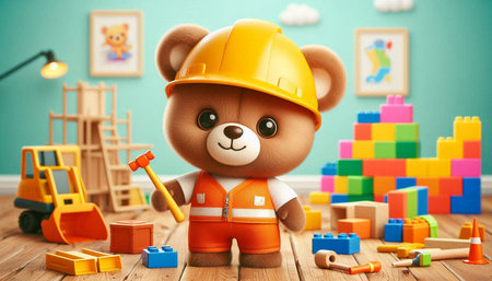 Teddy bear with construction tools in children room. 3d rendering