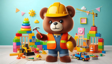 3d rendering of a teddy bear construction worker with construction tools