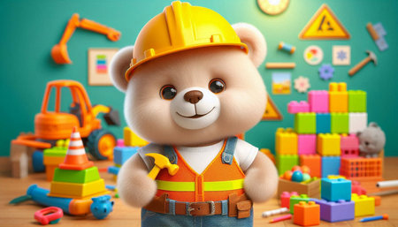 Teddy bear in construction helmet and overalls with construction tools.
