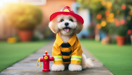 Cute little dog dressed as firefighter sitting in front of fire hydrant