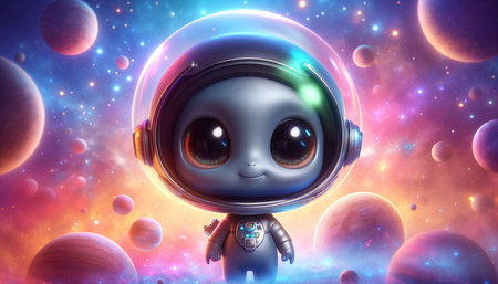 Cute alien boy in outer space with planets and stars. 3D rendering
