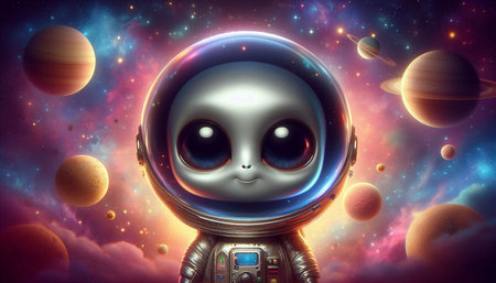 alien in the space with planets and stars in the background 3d illustration