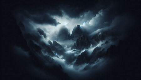 3D illustration of a foggy mountain landscape with clouds and lights
