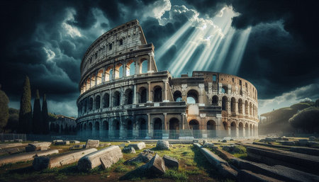 The Colosseum in Rome, Italy. Dramatic sky