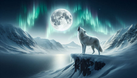 Fantasy landscape with polar wolf and northern lights. 3D rendering