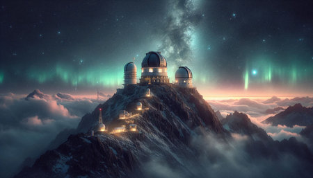Astronomical observatory on the top of the mountain. 3D rendering