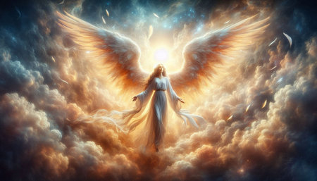 Angel with wings in the sky. 3D rendering. Fantasy.