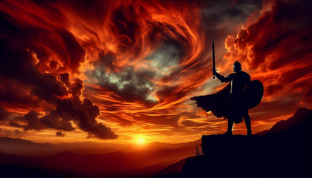 Medieval warrior with sword and shield on sunset background. 3d render
