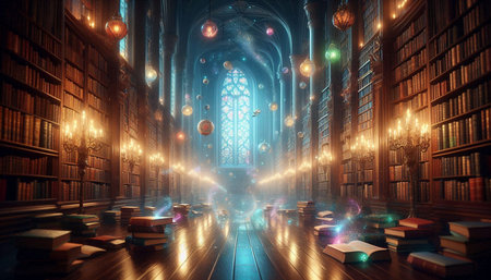 3D rendering of an illuminated old church interior with a lot of books