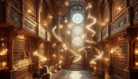 3d rendering of an old library interior with a staircase leading to it