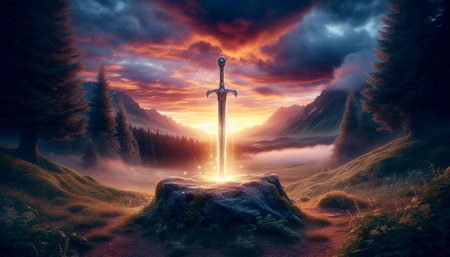 Fantasy landscape with a cross in the middle of the forest.