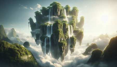 3d render of a beautiful waterfall in the clouds. Beautiful nature background