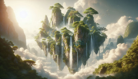 Fantasy landscape with a waterfall and trees in the clouds. 3d rendering