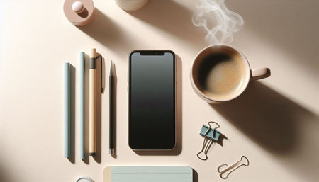 Top view of modern workplace with smartphone, coffee cup and stationery on light background