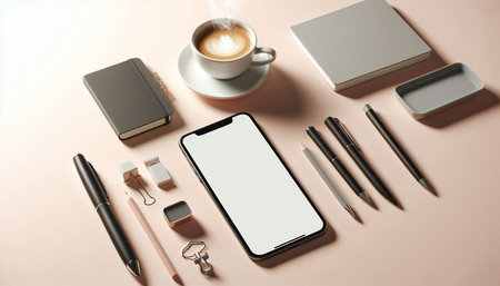 Smartphone with blank screen, stationery and coffee on color background