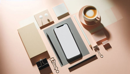 Mockup of smartphone with blank screen, stationery and coffee cup on color background