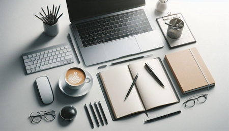 Top view of modern workplace with laptop, coffee cup, stationery and other items. Mock up
