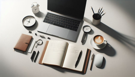 Top view of modern workplace with laptop, coffee cup, stationery and notebook on white background