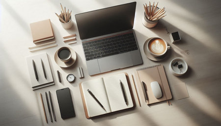 Top view of modern workspace with laptop, coffee cup, stationery and other items. Mock up