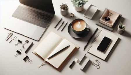 Modern workplace with laptop, stationery and coffee cup on light background