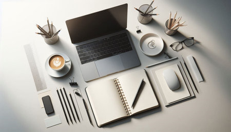 Top view of modern workplace with laptop, coffee cup, stationery and other items on white table