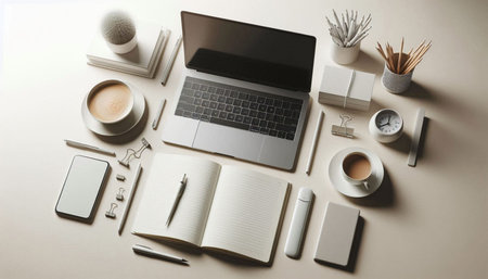Top view of modern workplace with laptop, stationery and coffee cup on beige background