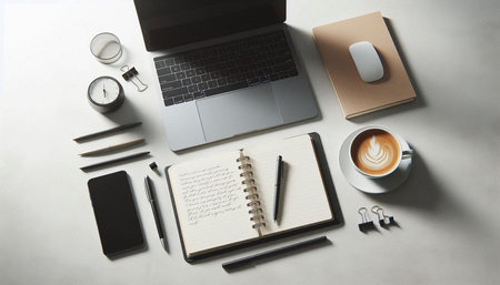 Top view of modern workplace with laptop, smartphone, coffee cup and other items on white background