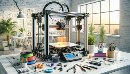 3d printer printing a 3D model on a table in a workshop