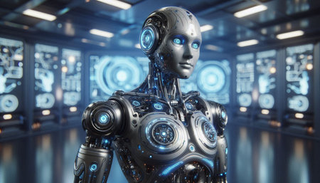 3d rendering humanoid robot in the hall of a science fiction laboratory