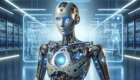 Robot humanoid in front of modern technology interface 3D rendering image