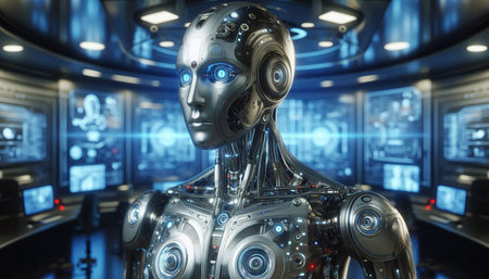 3d rendering humanoid robot in spaceship interior with science fiction background.
