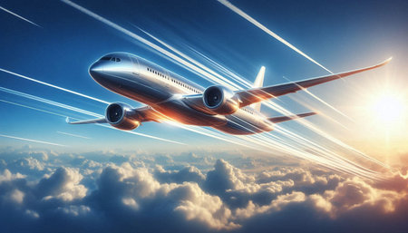 Airplane flying in the blue sky. 3d render illustration.