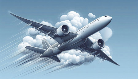 Airplane in the sky with clouds. 3D illustration. Clip art.